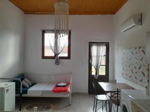 um quarto com uma cama, uma mesa e uma cozinha em FG HOME RENTAL b em Mirodháton
