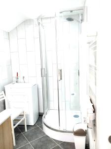 ein Bad mit einer Dusche, einem WC und einem Waschbecken in der Unterkunft Maison de 2 chambres a Le Crotoy a 300 m de la plage avec jardin amenage et wifi in Le Crotoy