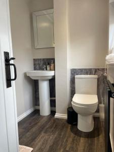 a bathroom with a white toilet and a sink at Cozy Town House in Lewes