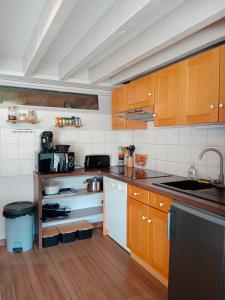 a kitchen with wooden cabinets and a counter top at Gîte cosy Lac de Payolle in Campan