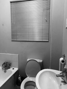 a bathroom with a toilet and a sink and a window at Brilliant Home in Gaborone