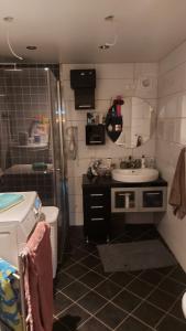 a small bathroom with a sink and a shower at Room close to city centre and beach in Oslo