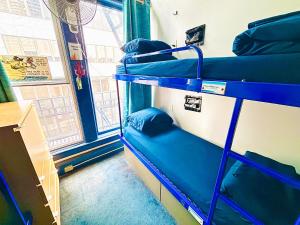 two blue bunk beds in a room with a window at ITH San Francisco Pacific Tradewinds Hostel in San Francisco