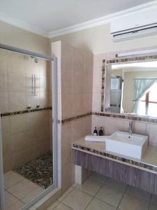 bagno con lavandino bianco e specchio di Goba Lodge a Gobabis