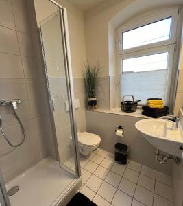 a bathroom with a shower and a toilet and a sink at Pension Kulturhaus Niederau in Niederau