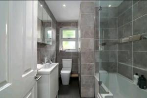 uma casa de banho com um WC, um lavatório e um chuveiro em 2BD House Canal View and Garden em Londres
