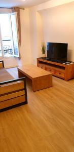 a living room with a flat screen tv on a table at Magnifique 2 pieces in Antibes