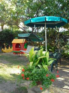 un ombrello blu e una panchina e una casetta per i giochi di Hotel Garden a Tirrenia