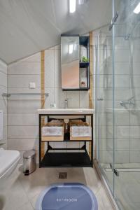 La salle de bains est pourvue d'un lavabo et d'une douche en verre. dans l'établissement Sakutski House, à Hisarya