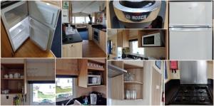 a collage of photos of a kitchen with a refrigerator at CozyCaravanz in Abergele