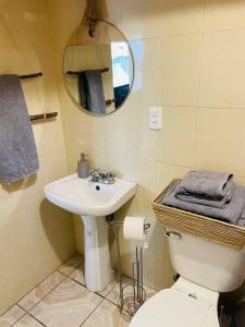 a bathroom with a toilet and a sink and a mirror at Loft hermoso con bella vista de la ciudad in San Luis Potosí