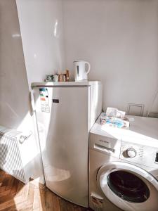 una lavatrice e asciugatrice in cucina con lavatrice di Studio Berindei a Cluj-Napoca