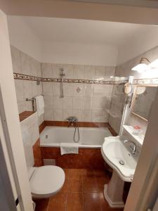 a bathroom with a tub and a toilet and a sink at Hotel Apartment Rothensteiner in Vienna