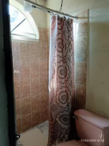 Antigua Sweet Apartment في أنتيغوا غواتيمالا: ستارة الدش في الحمام مع المرحاض