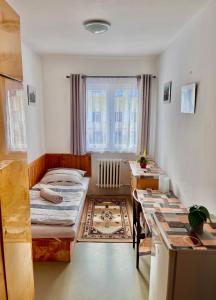 Cette petite chambre comprend un lit et une table. dans l'établissement Ubytování U Ropáků, à Horní Slavkov