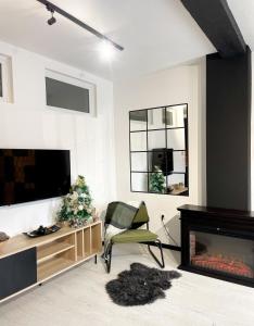 een woonkamer met een open haard en een stoel bij Apartman Ceca Pale in Pale