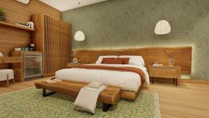 Un dormitorio con una cama grande y un banco. en Monteverde Lodge & Gardens by Böëna, en Monteverde