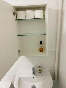 a bathroom with a toilet and a sink and shelves at Bustling Western Apartment in London