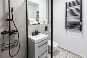 a bathroom with a sink and a shower and a toilet at Royal Family Apartment in Sinaia +33 photos