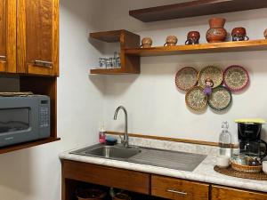 eine Küche mit einer Spüle und einer Mikrowelle in der Unterkunft Teoti Querido in San Sebastian Xolalpa