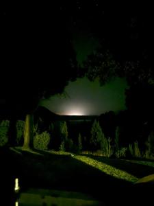 una vista nocturna de un campo con un cielo verde en Casa de Campo con tina de agua caliente en Trevelín