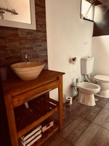 a bathroom with a sink and a toilet at Casa de Campo con tina de agua caliente in Trevelin