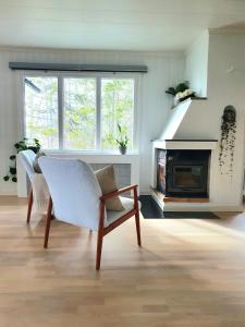 a living room with a chair and a fireplace at Stuga med havsutsikt in Robertsfors