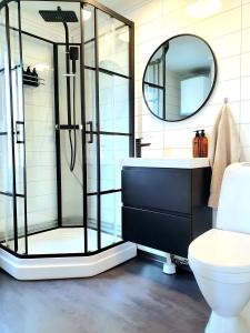 bagno con doccia in vetro e servizi igienici di Stuga med havsutsikt a Robertsfors