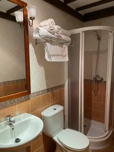 ein Bad mit einem WC, einem Waschbecken und einer Dusche in der Unterkunft POSADA LEPANTO in Socuéllamos
