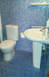 ein blau gefliestes Bad mit WC und Waschbecken in der Unterkunft La Gavina in L'Estartit