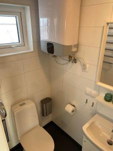 een kleine badkamer met een toilet en een wastafel bij Ugla Gistihús (Ugla Guesthouse) in Hella