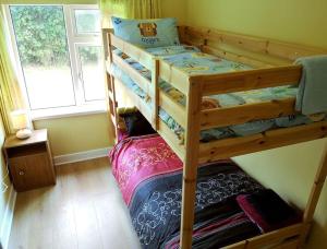 two bunk beds in a room with a window at Woodmount Cottage in Ennistymon