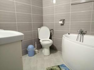 W łazience znajduje się toaleta, wanna i umywalka. w obiekcie Oddychový pobyt na rodinnej farme w mieście Matiaška