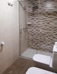 a bathroom with a shower and a toilet at Apartamentos Rompeolas in Burela de Cabo
