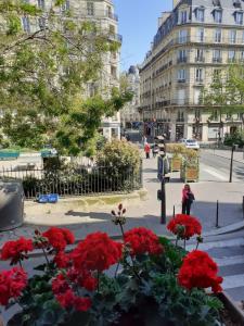 a woman taking a picture of red flowers on a city street at Marie et Igor in Paris
