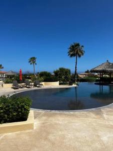 a large swimming pool with palm trees in a resort at Hermoso y Exclusivo Departamento in Cabo San Lucas