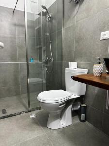 a bathroom with a white toilet and a shower at GuestHouse "Shtëpia ime" in Përmet