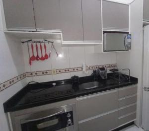 cocina con fregadero y fogones horno superior en Apartamento 2 Km da BR101 en São José