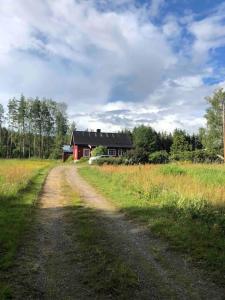 eine unbefestigte Straße, die zu einem Haus auf einem Feld führt in der Unterkunft Koselig hytte, nær Finnskogen og Vålerbanen in Åsnes