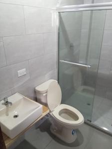 een badkamer met een toilet, een douche en een wastafel bij Oceans Hostal in Santa Catalina