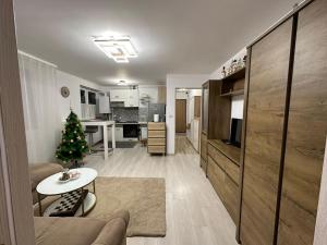 un soggiorno con un albero di Natale in una stanza di Apartament de închiriat a Câmpulung Moldovenesc
