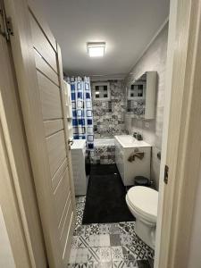 un piccolo bagno con servizi igienici e lavandino di Apartament de închiriat a Câmpulung Moldovenesc