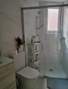 La salle de bains blanche est pourvue d'une douche et de toilettes. dans l'établissement Pisito de Ainho, à León
