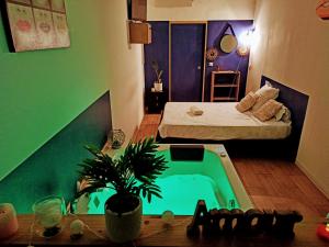 a small room with a bed and a swimming pool at Studio cosy, grand spa privatif et parking privée Centre ville menton in Menton