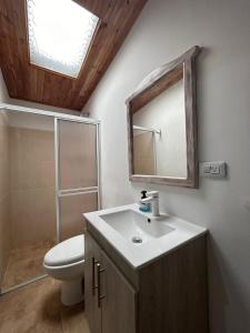 a bathroom with a sink and a toilet and a mirror at Casa de jose in Manizales