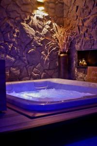 a blue tub in a room with a stone wall at Lunic1926 in Manhay