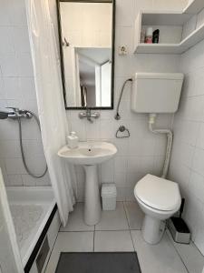 a bathroom with a sink and a toilet and a mirror at Apartmani Maximus in Subotica