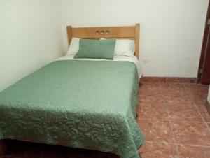 1 dormitorio con 1 cama con edredón verde en Casa para 4-5 personas, en Lima