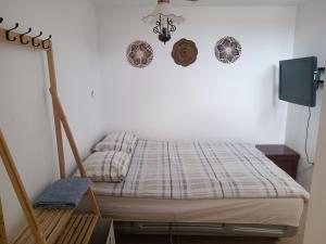 a bedroom with a bed and a tv at Red Sea Garden Apartment in Eilat