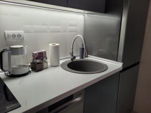 a kitchen counter with a sink and a coffee maker at Apartman NS PRIVATE PARKING in Novi Sad +13 photos